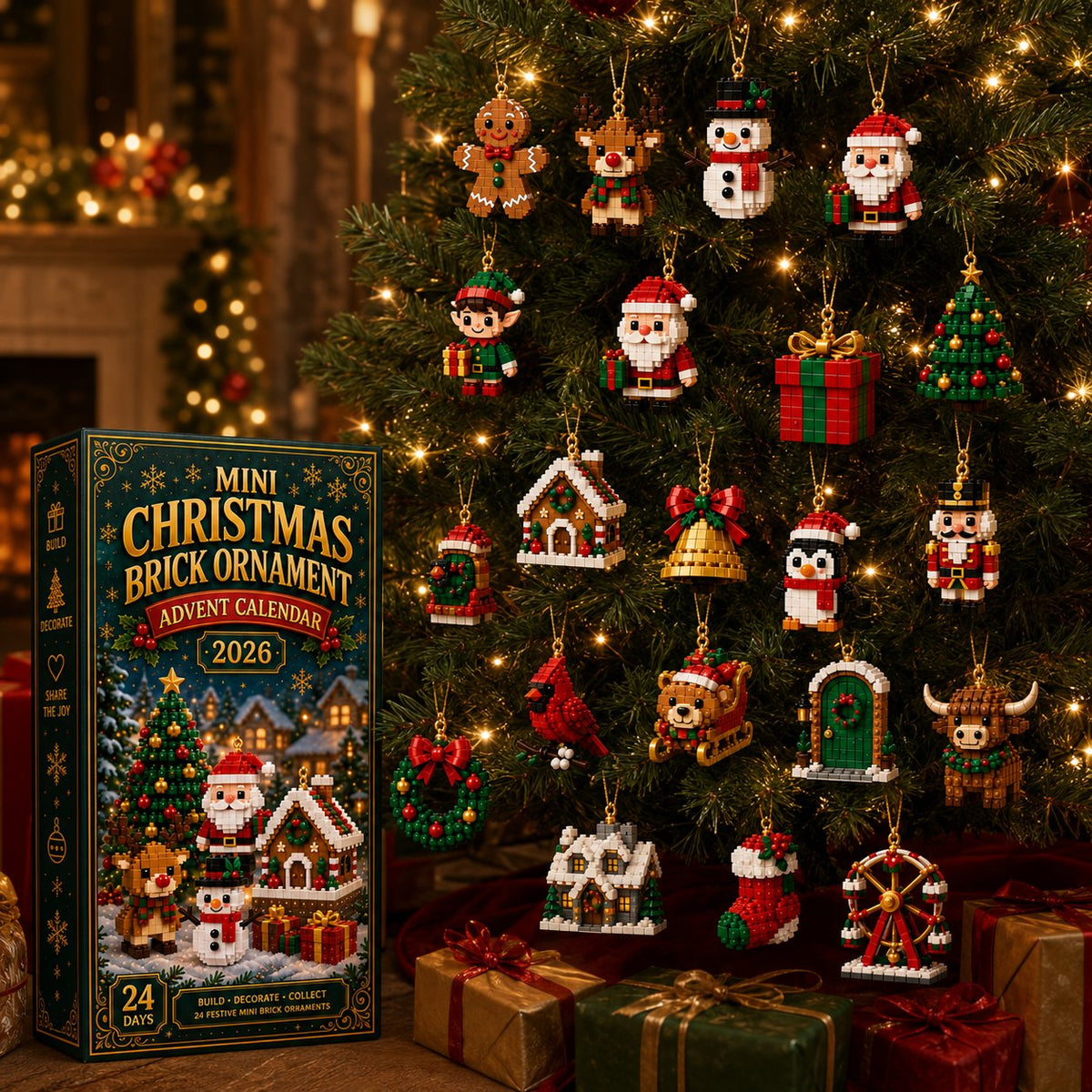 Mini tegelstenen adventskalender met 24 bouwsets voor kerst om te bouwen en op te hangen