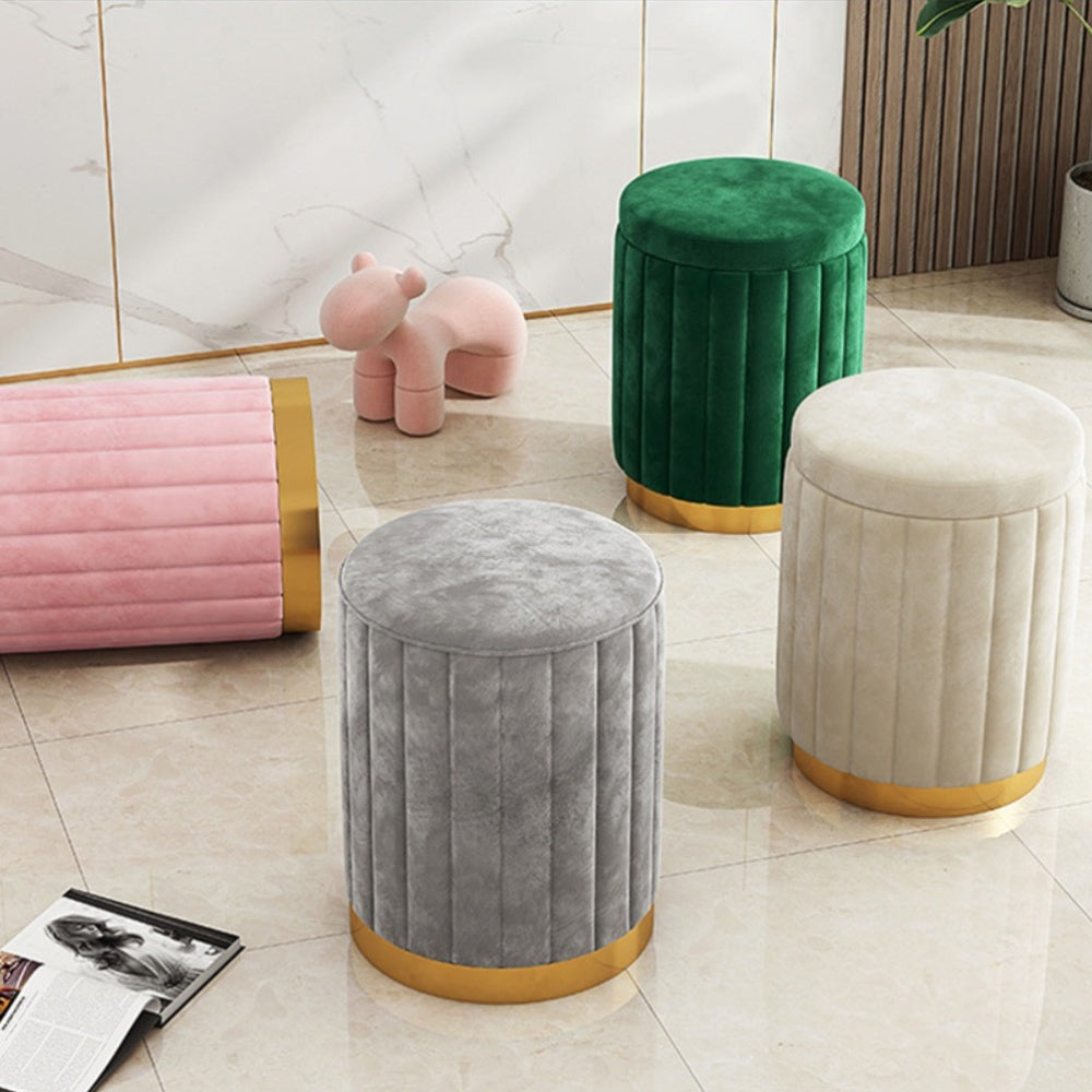 Nordic Chic Opberghocker – Stijlvolle Ronde Pouf met Opbergruimte en Spiegelafwerking