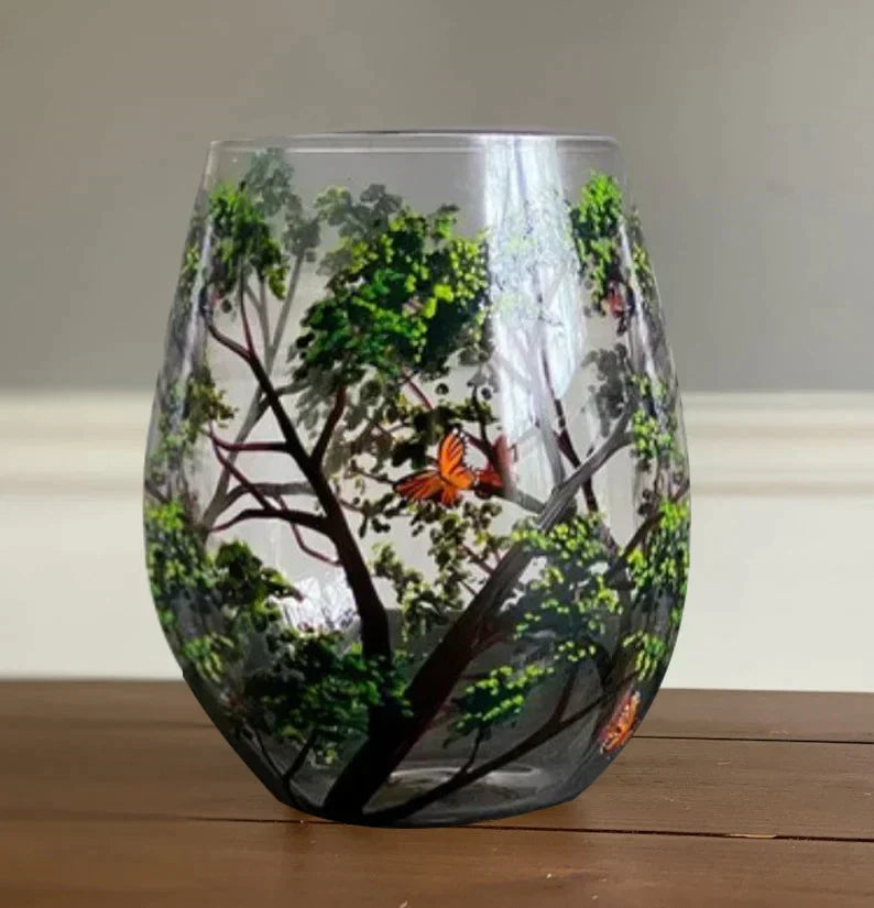 Handgeschilderde Wijnglazen met Vier Seizoenen Boom | Unieke Kunst