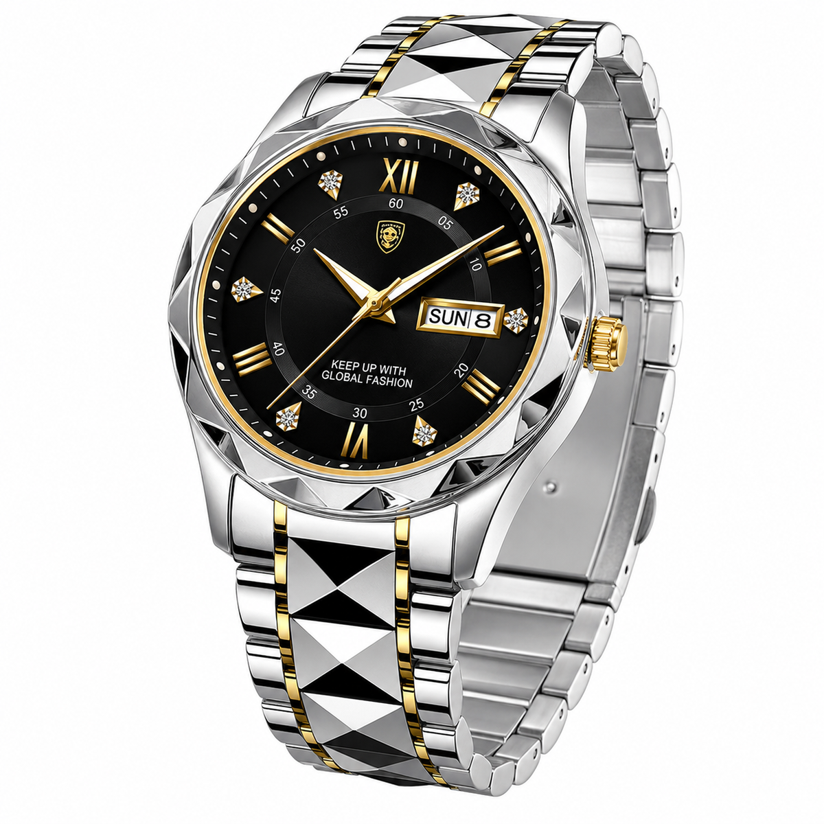 AquaTime herenhorloge met zwarte wijzerplaat, zilverkleurige metalen band en gouden accenten op witte achtergrond
