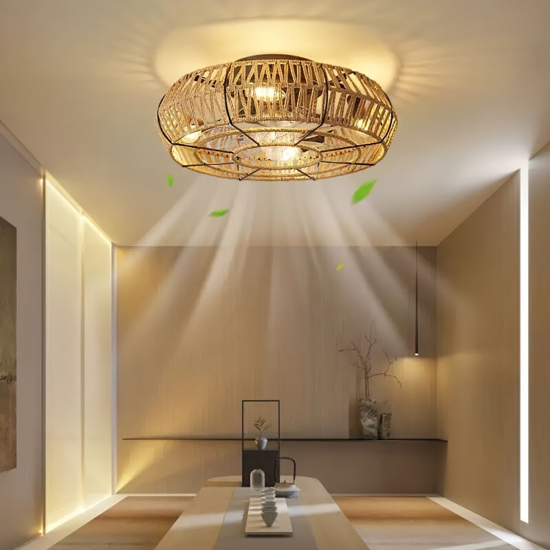 Amara luxe handgeweven plafondventilator van rotan – een stille blikvanger in zen-stijl