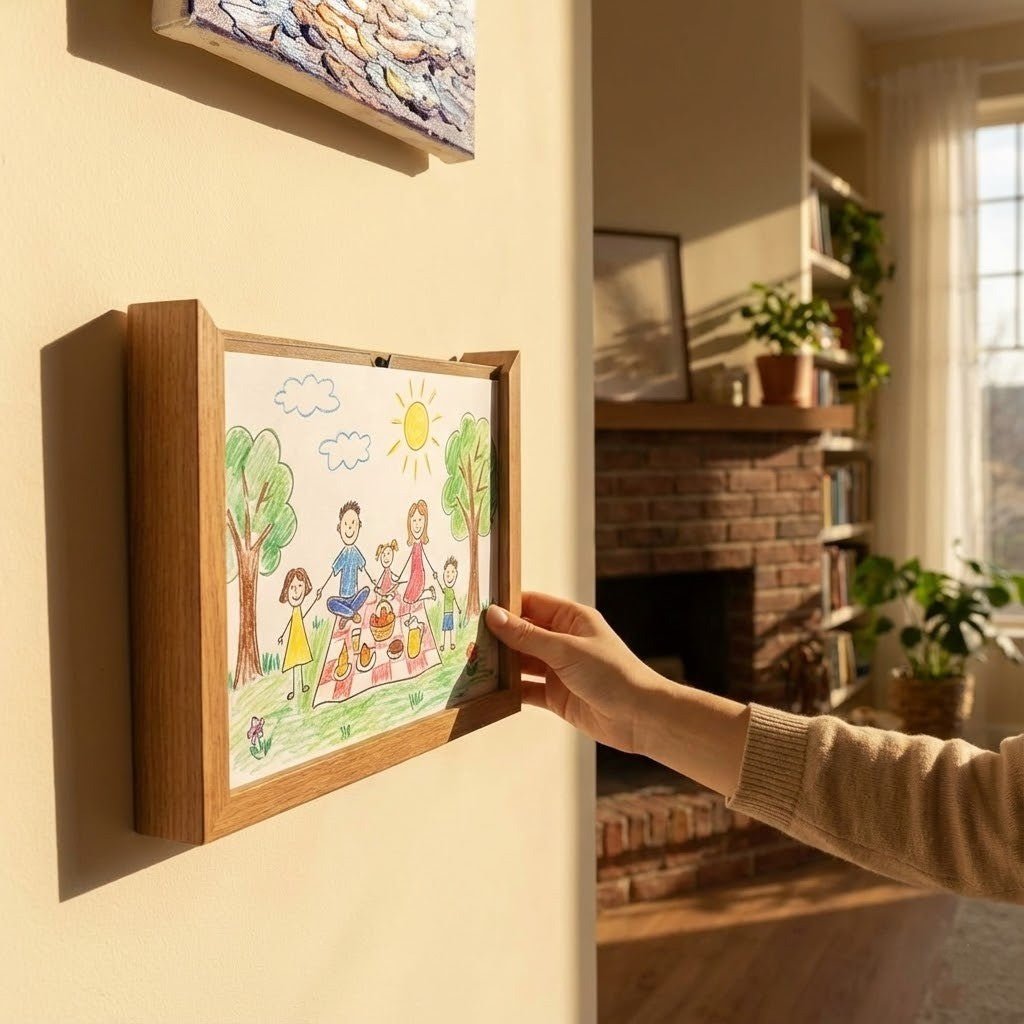 SKETCHBOX – Displayframe in houtlook met geïntegreerde opbergruimte