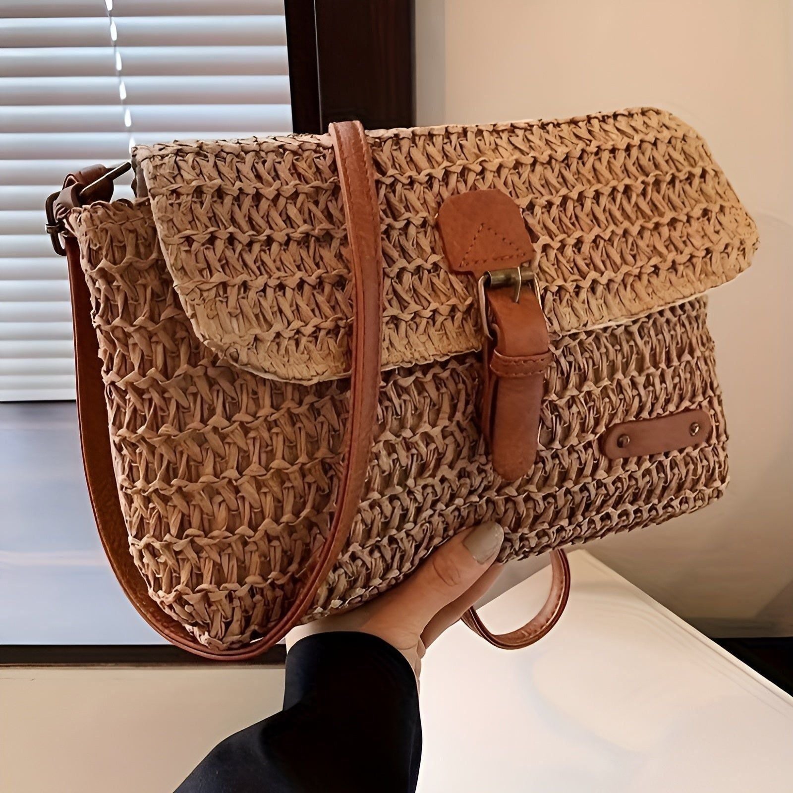 Gevlochten Schoudertas voor Vrouwen in Stro met Verstelbare Band voor Zomerse Looks
