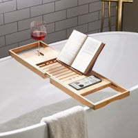Meralune Bamboe Haven Tablett | Uittrekbaar Badkuip Tablett | Duurzaam & Elegant | Met Glas-, Boek- & Tablet-Houder