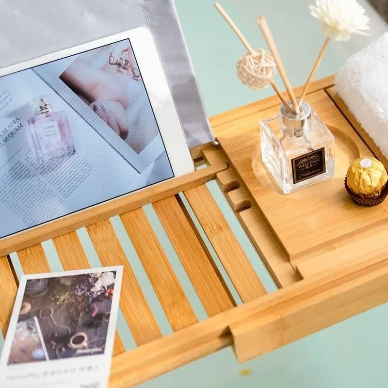 Meralune Bamboe Haven Tablett | Uittrekbaar Badkuip Tablett | Duurzaam & Elegant | Met Glas-, Boek- & Tablet-Houder
