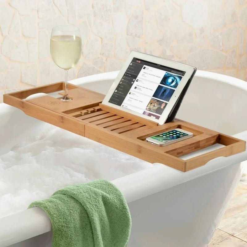 Meralune Bamboe Haven Tablett | Uittrekbaar Badkuip Tablett | Duurzaam & Elegant | Met Glas-, Boek- & Tablet-Houder