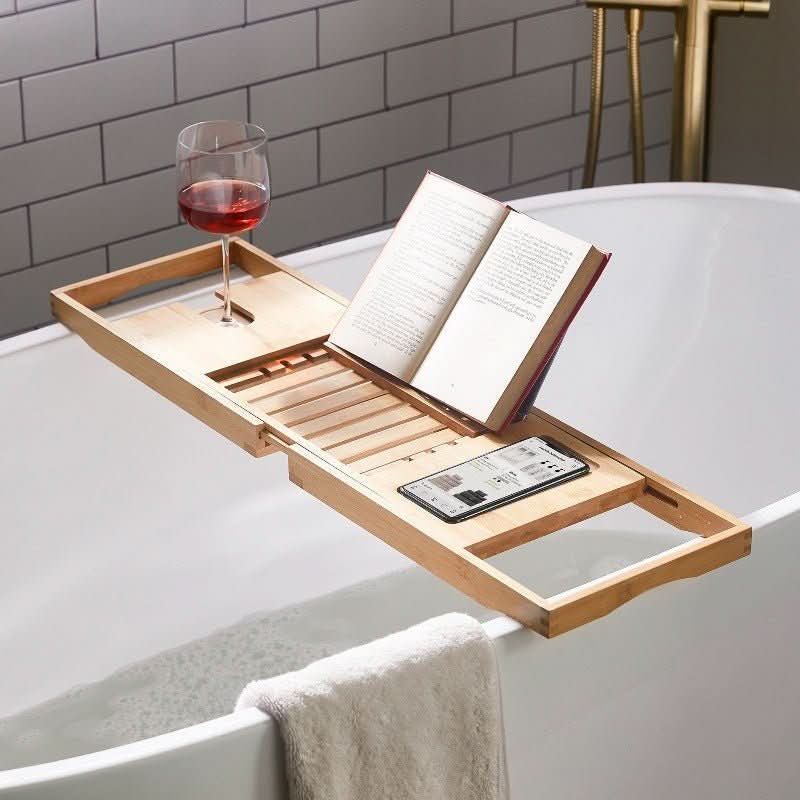 Solavera Bamboe Ontspanningstray | Uittrekbaar Badkuipblad | Duurzaam & Elegant | Met Glas- & Boekhouder voor Spa-genot Thuis