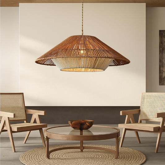 Bamboe geweven hanglamp met brede conische kap