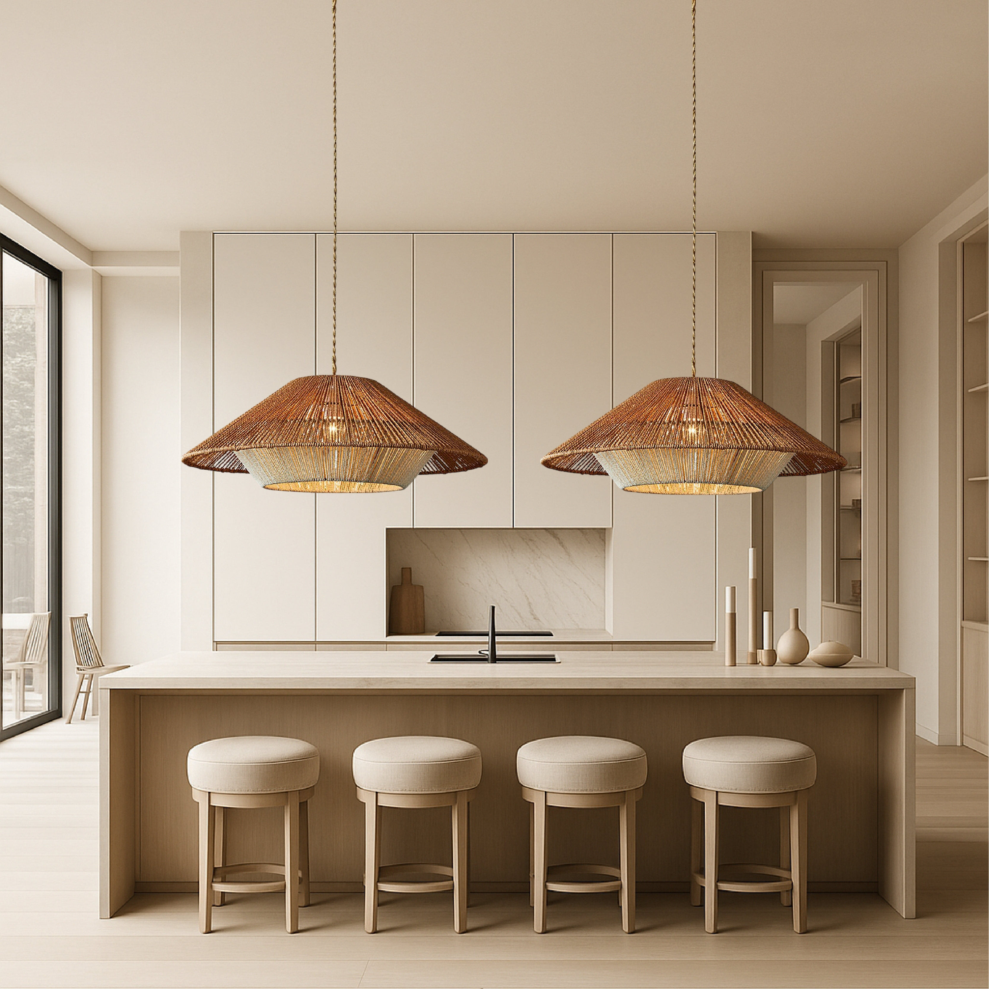 Bamboe geweven hanglamp met brede conische kap