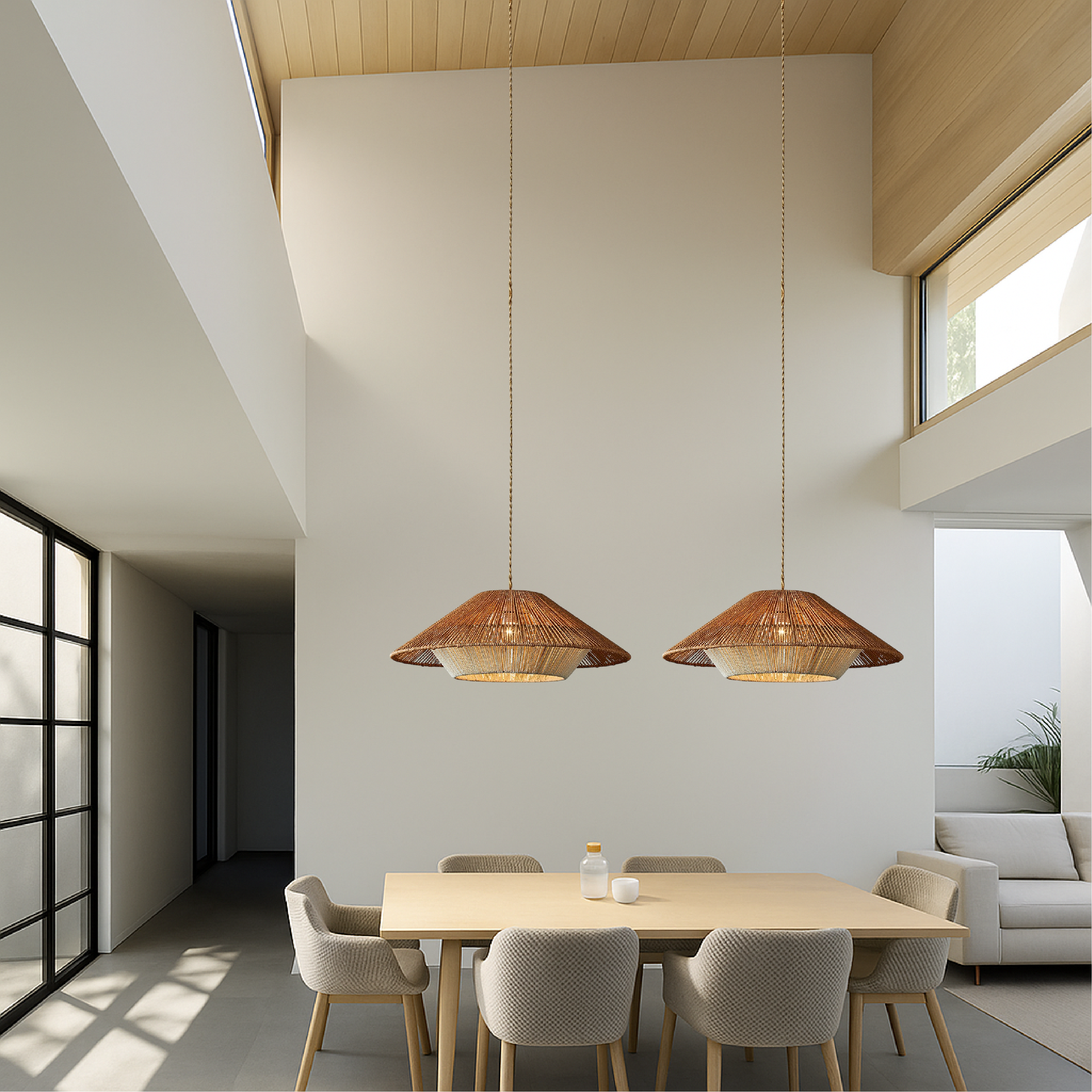 Bamboe geweven hanglamp met brede conische kap