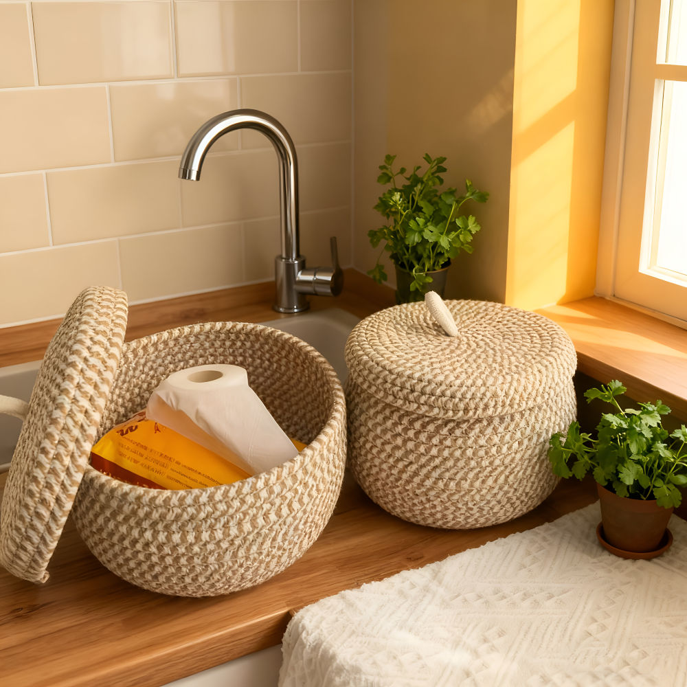 Mirellia – Ronde Boho Opbergmand Met Deksel