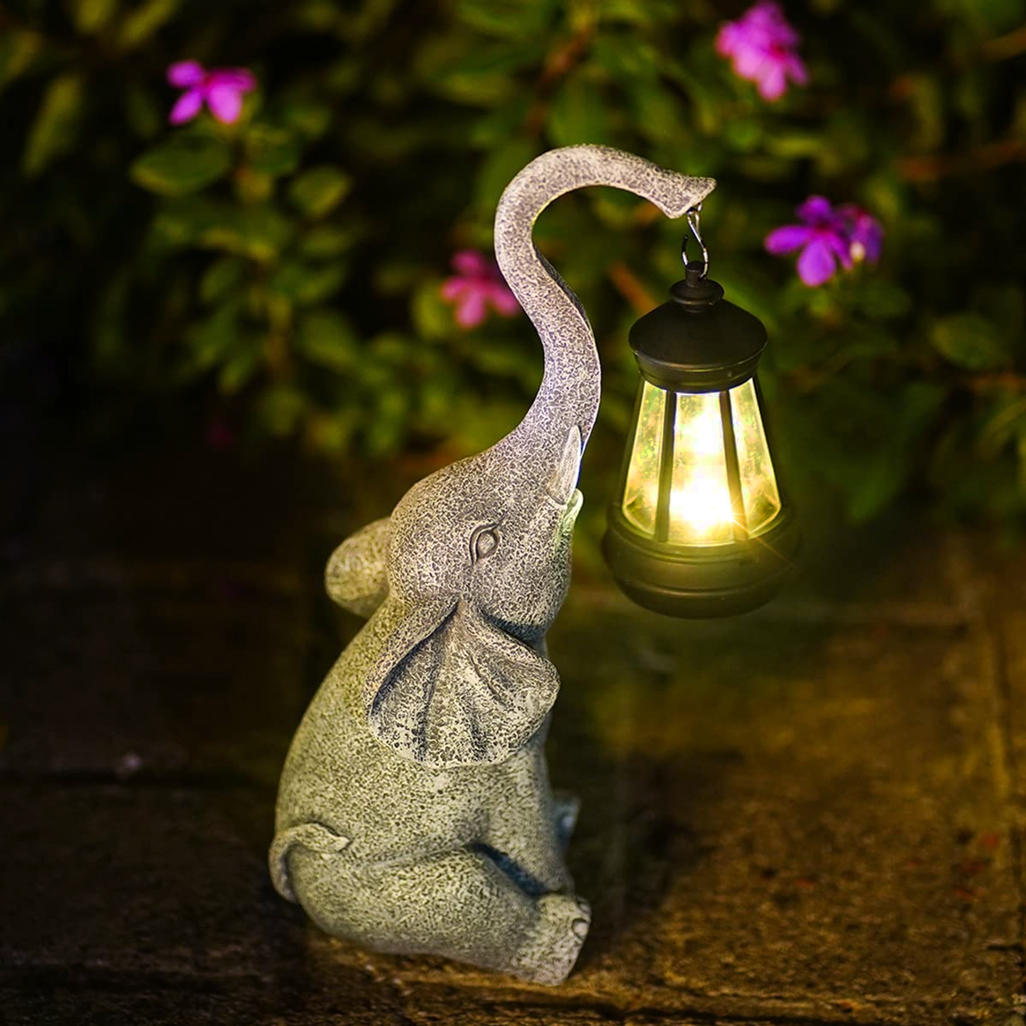 Grijze Steen-effect Olifant Zonne- Tuinlamp met Lantaarn