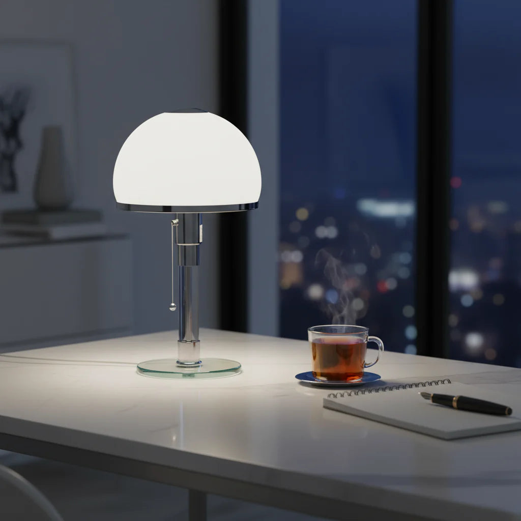 Design tafellamp met glazen kap