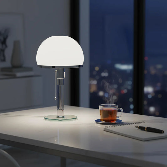 Design tafellamp met glazen kap