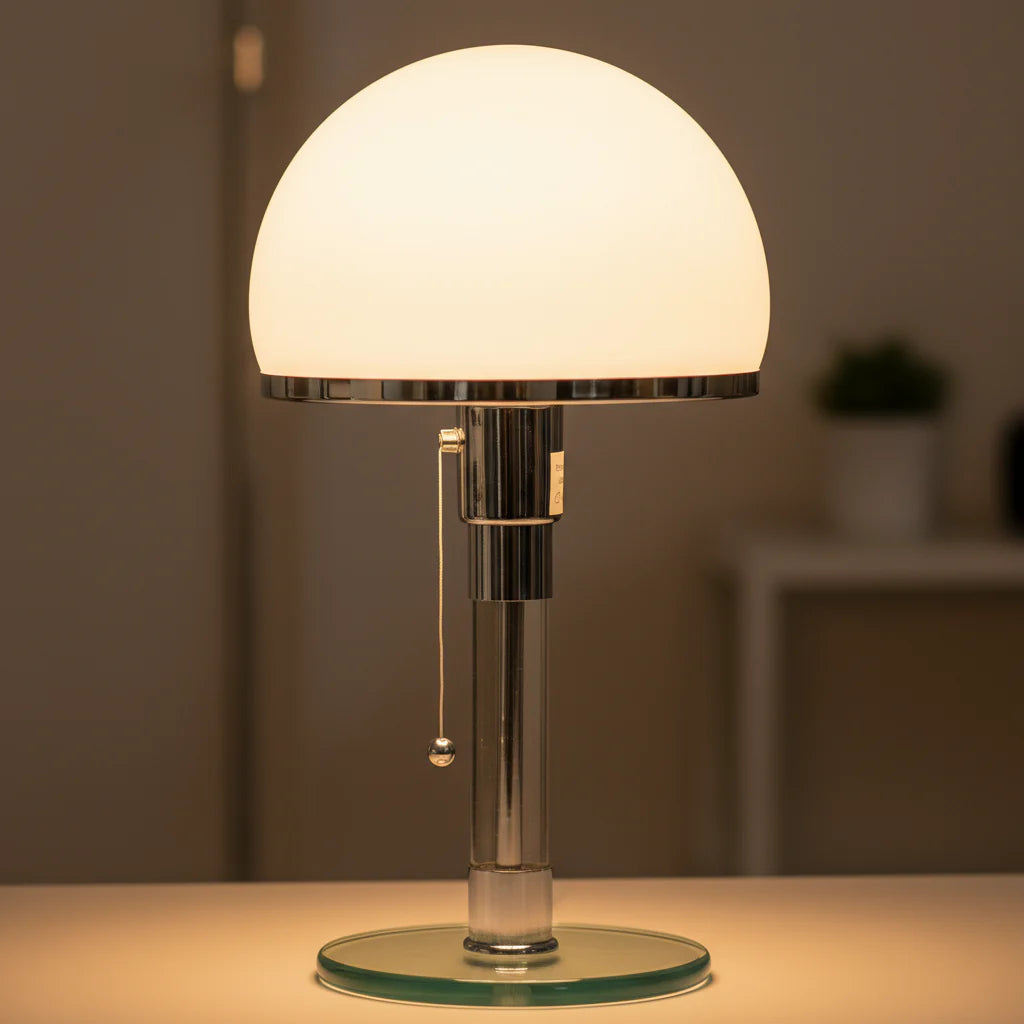 Design tafellamp met glazen kap