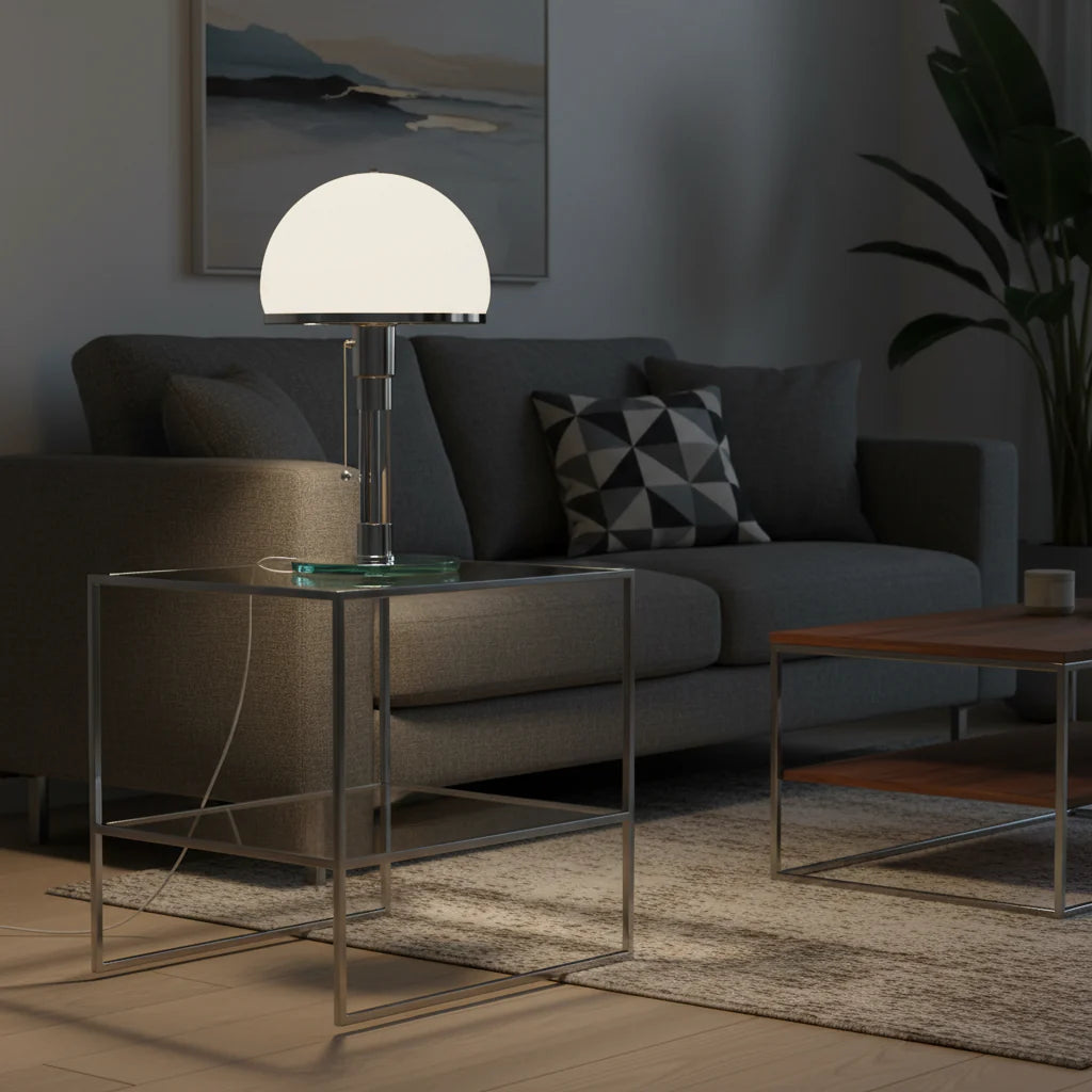 Design tafellamp met glazen kap