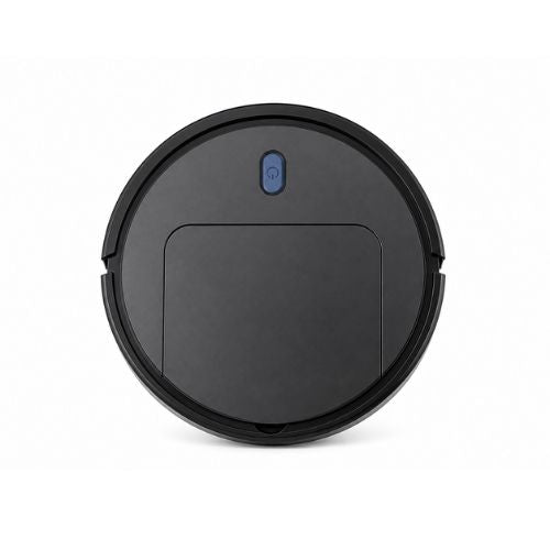 Cleanoro S6 zwarte compacte robotstofzuiger met dweilpad, USB-kabel en twee zijborstels op witte achtergrond