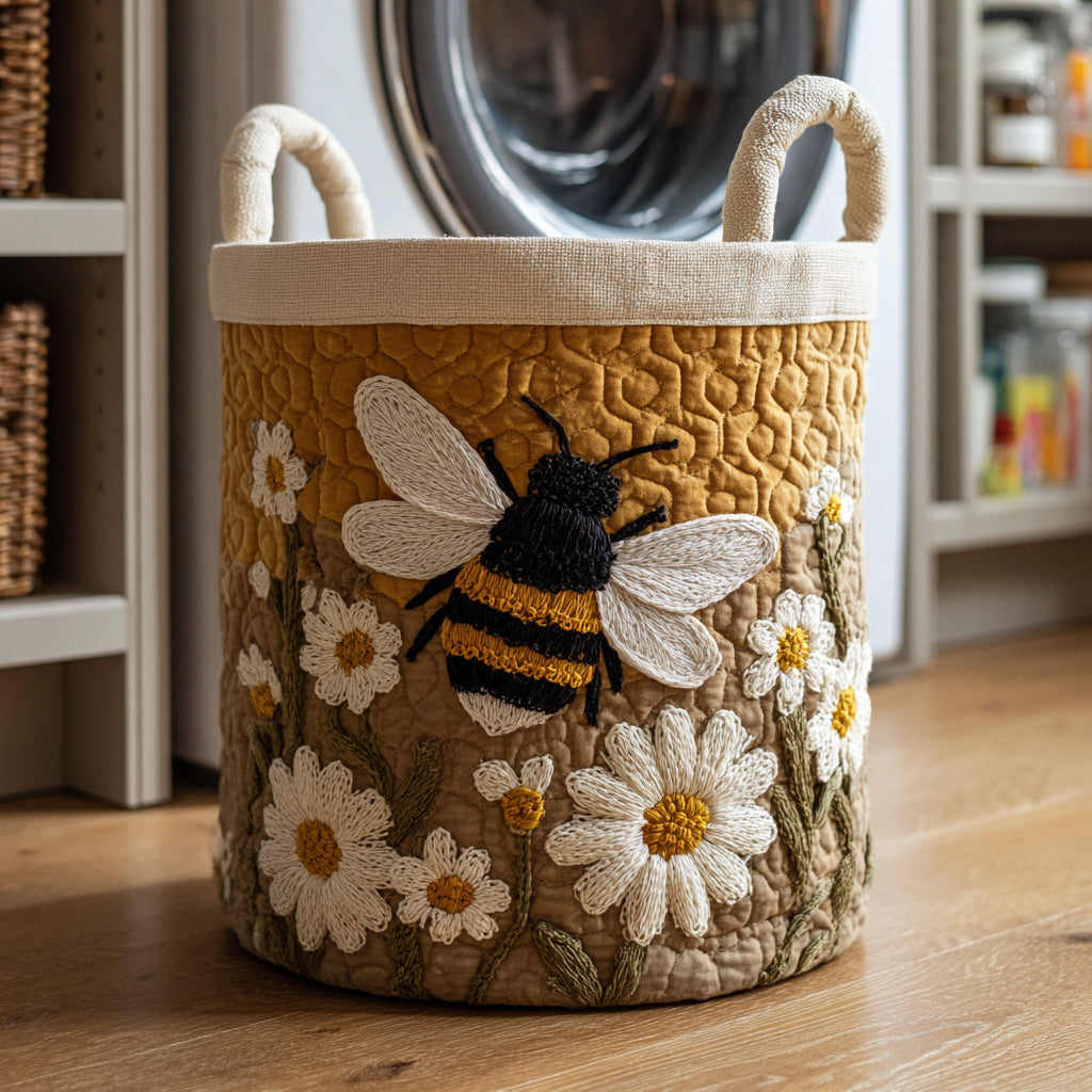 Vadderad wasmand met madeliefjes en bij, met handvatten van canvas, staat zelfstandig