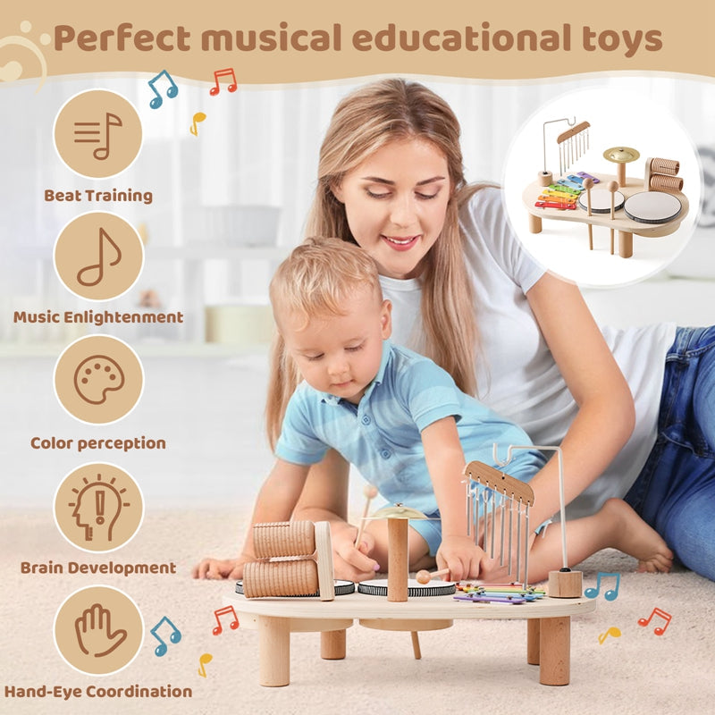 Educatieve Houten Muziektafel voor Kinderen - Inclusief Xylofoon, Drums en Cymbalen!