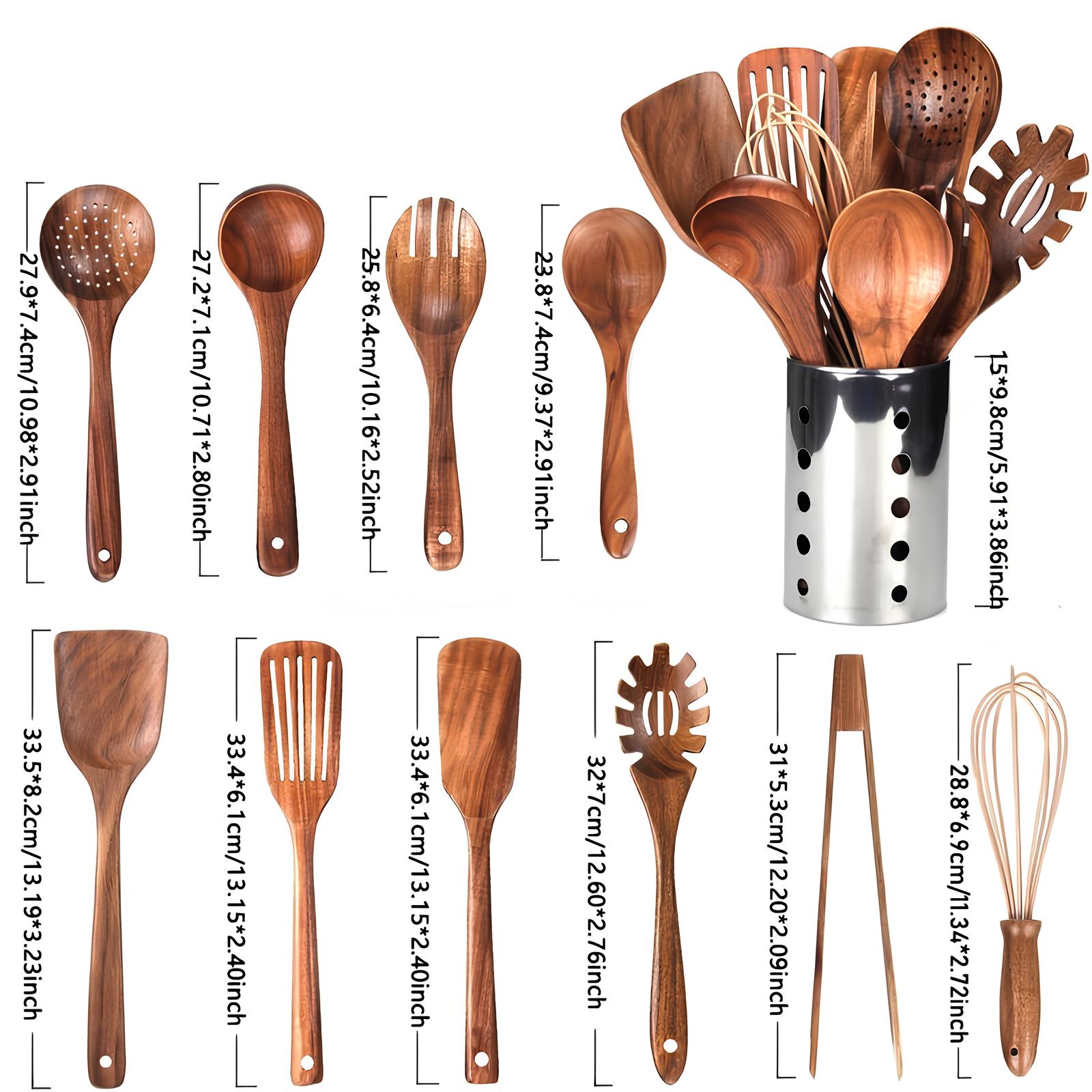 11-delig Teak Keukengereedschap Set | Met Houder | Natuurlijk Hout