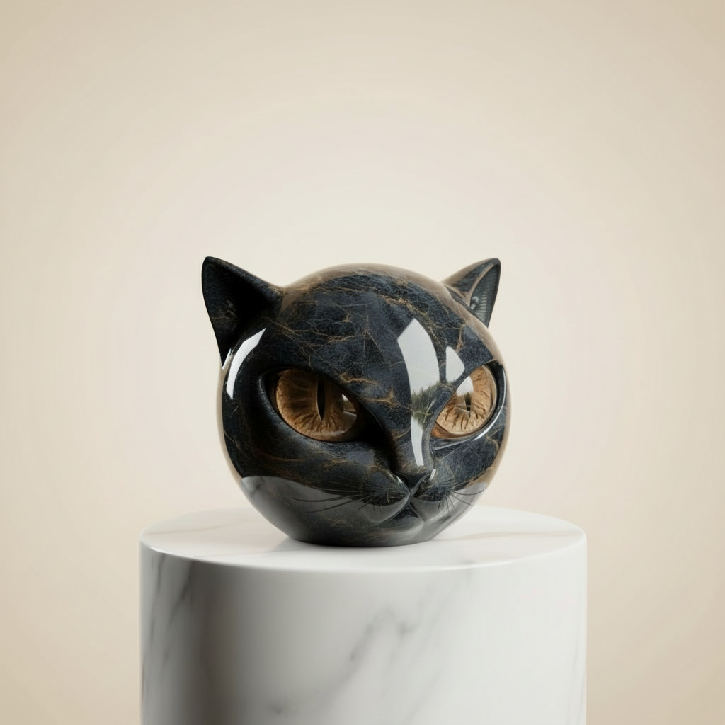 NoirCat Sculptuur – Zwarte Kattenkop met Hypnotiserende Ogen
