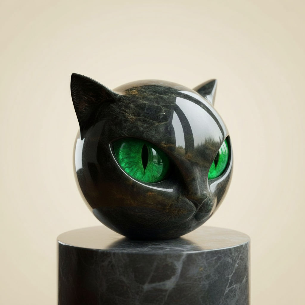 NoirCat Sculptuur – Zwarte Kattenkop met Hypnotiserende Ogen