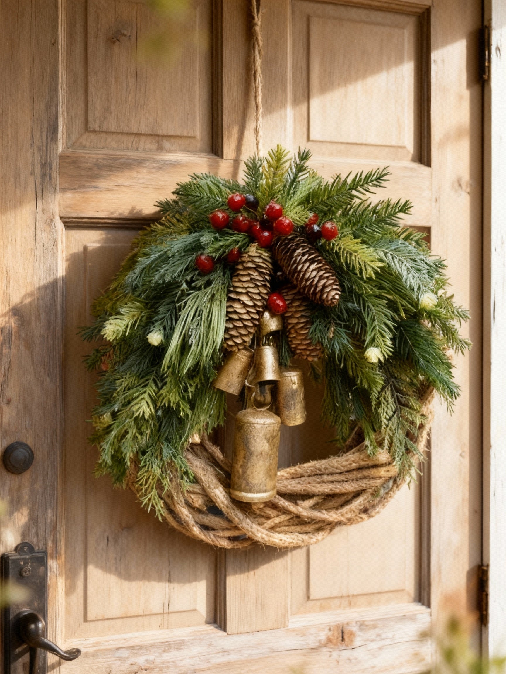 Handgemaakte Boheemse Winterkrans | Klokken, Dennenappels & Bessen | 43 cm | Binnen/Buiten