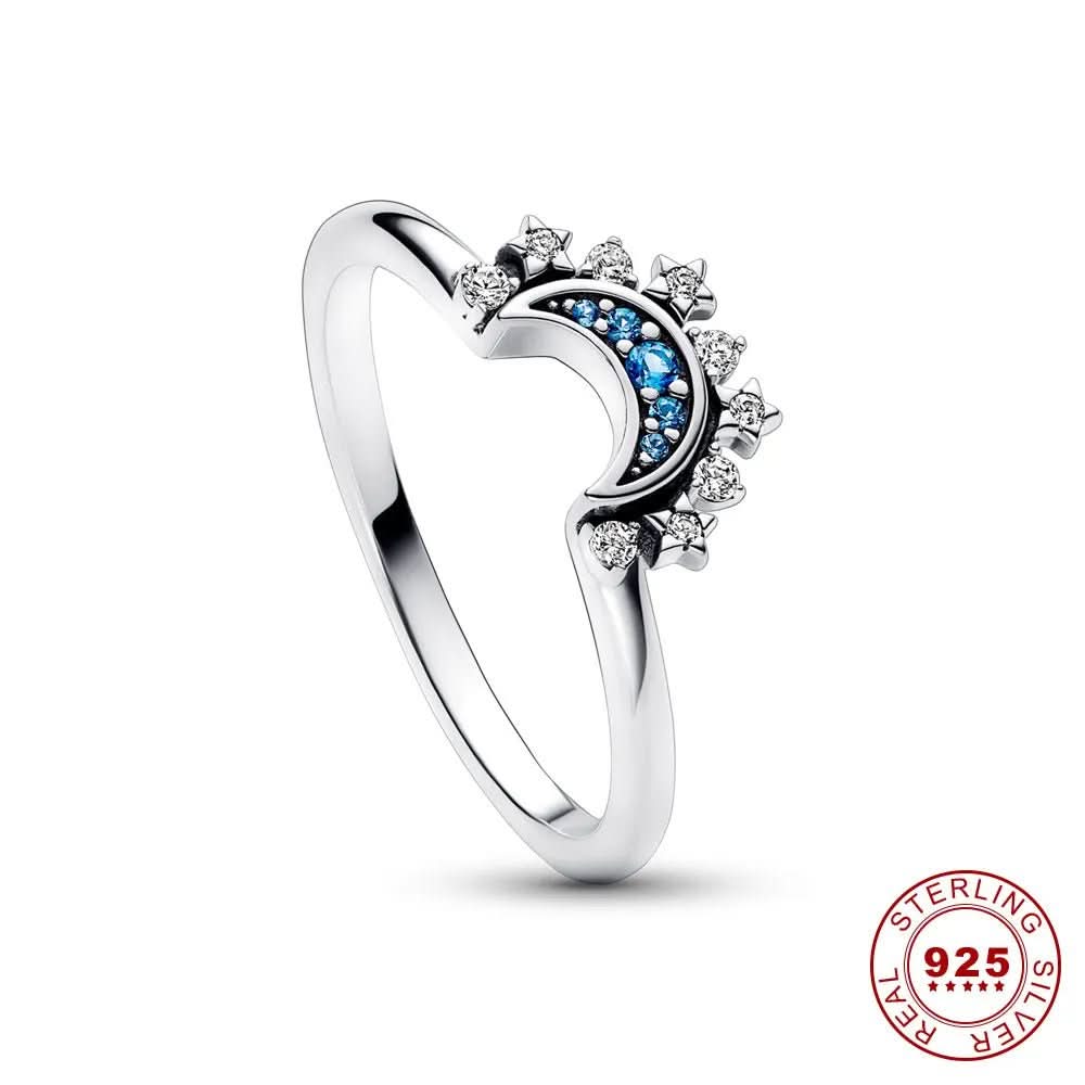 Sprankelende Zilveren Kristallen Ring – Elegante 925 Sterling Zilveren Ring met Maan- & Zonnendesign