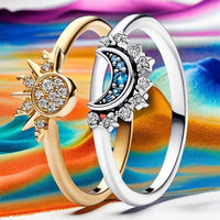Sprankelende Zilveren Kristallen Ring – Elegante 925 Sterling Zilveren Ring met Maan- & Zonnendesign