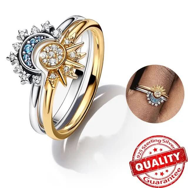 Sprankelende Zilveren Kristallen Ring – Elegante 925 Sterling Zilveren Ring met Maan- & Zonnendesign