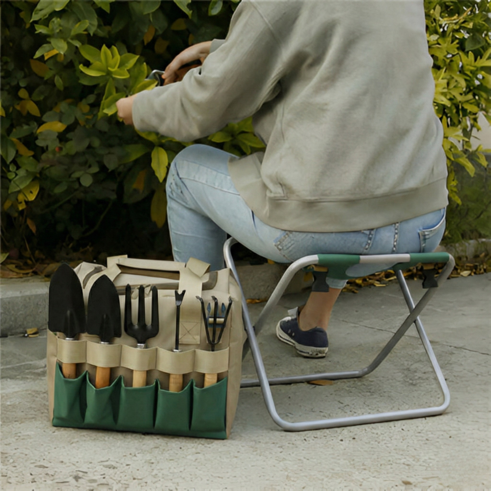 Tu gereedschapset 6-delig met opklapbare kruk & draagtas - Tuinstoel met handgereedschap