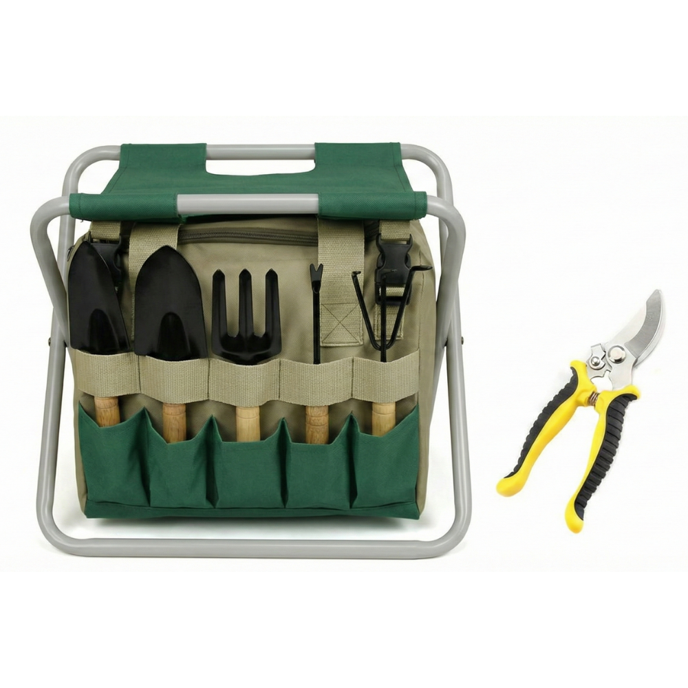 Tu gereedschapset 6-delig met opklapbare kruk & draagtas - Tuinstoel met handgereedschap