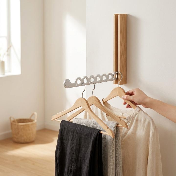Opvouwbare houten kledinghanger voor aan de muur, ruimtebesparend wandontwerp