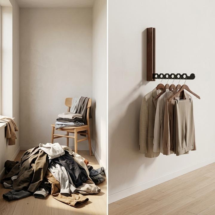 Opvouwbare houten kledinghanger voor aan de muur, ruimtebesparend wandontwerp
