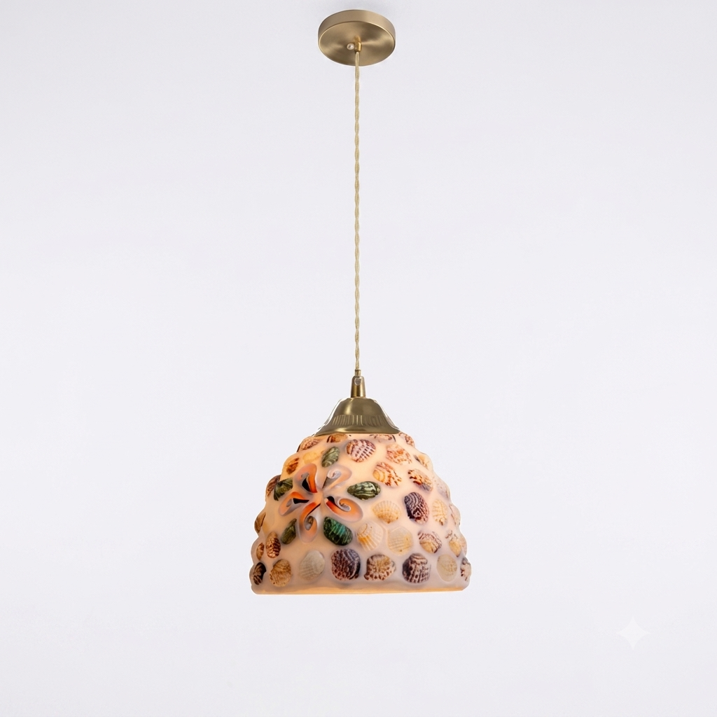 Retro Kleurrijke Natuurlijke Schelp Handgemaakte Messing Hanglamp