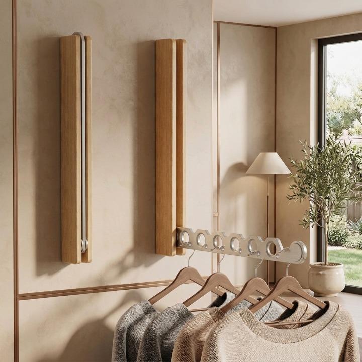 Opvouwbare houten kledinghanger voor aan de muur, ruimtebesparend wandontwerp