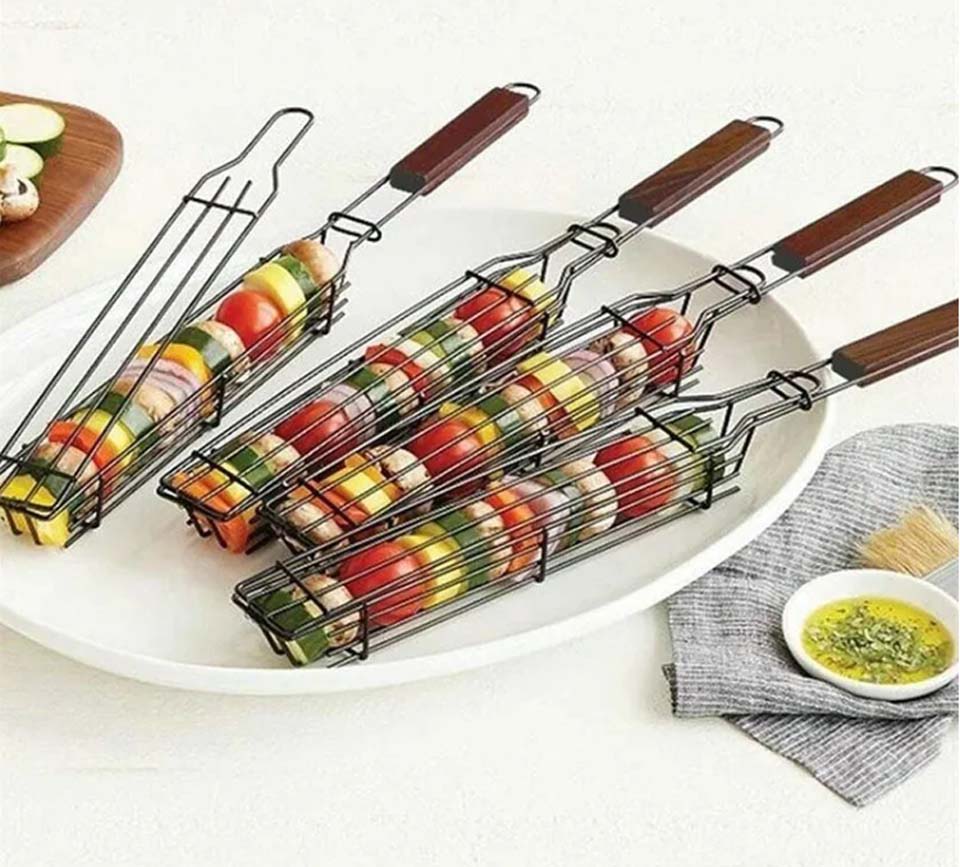 Grillmand met houten handvat | Draagbare, niet-klevende BBQ-korf voor buite