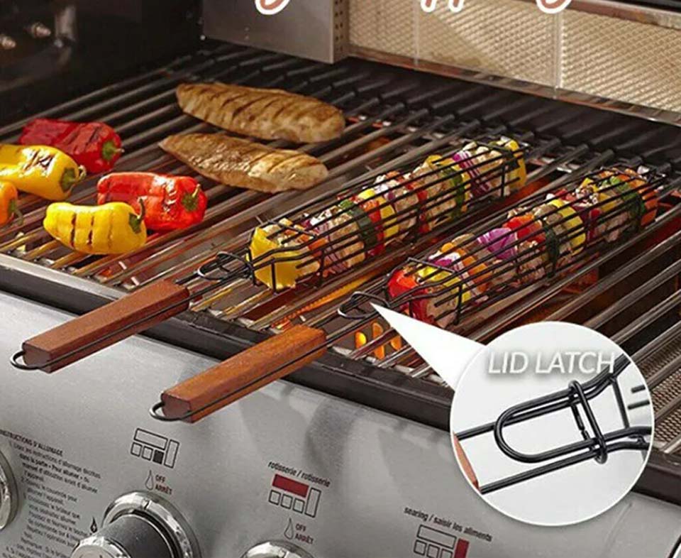 Grillmand met houten handvat | Draagbare, niet-klevende BBQ-korf voor buite