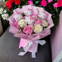 Kleurvolle Synthetische Bloemenboeket met Hello Kitty Figurines voor Cadeaus en Decoratie