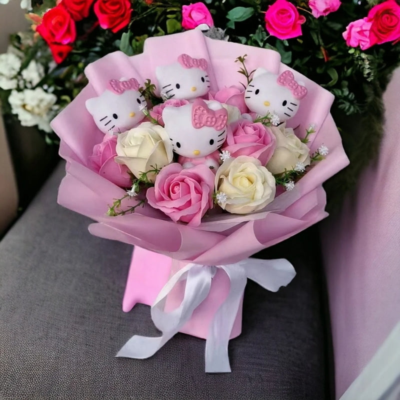 Kleurvolle Synthetische Bloemenboeket met Hello Kitty Figurines voor Cadeaus en Decoratie