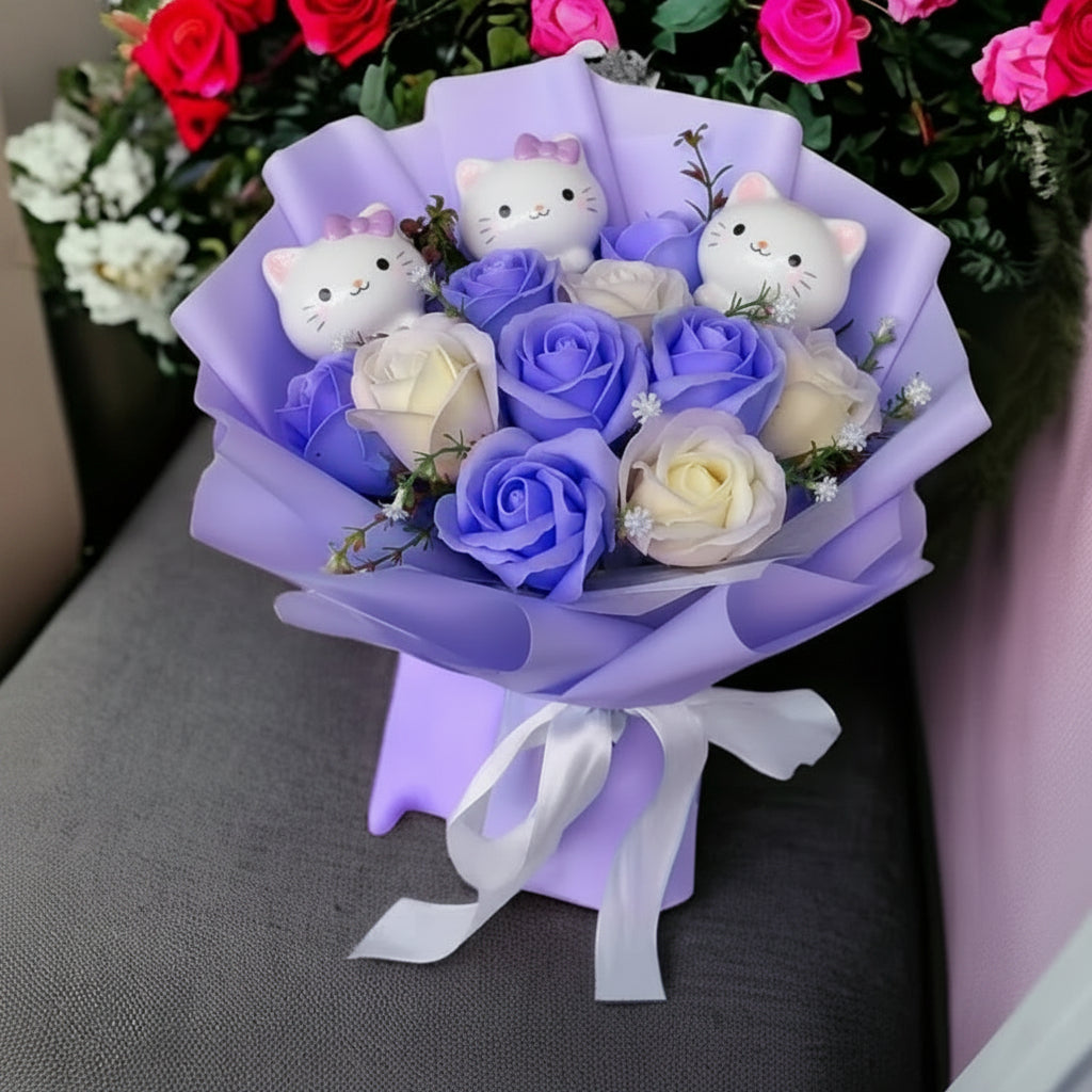 Kleurvolle Synthetische Bloemenboeket met Schattige Kattenfiguren voor Cadeaus en Decoratie