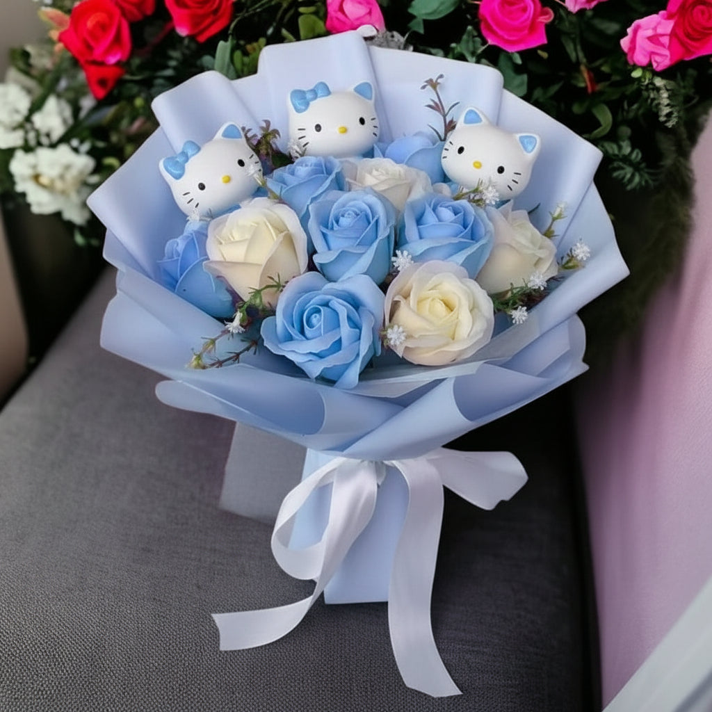 Kleurvolle Synthetische Bloemenboeket met Schattige Kattenfiguren voor Cadeaus en Decoratie