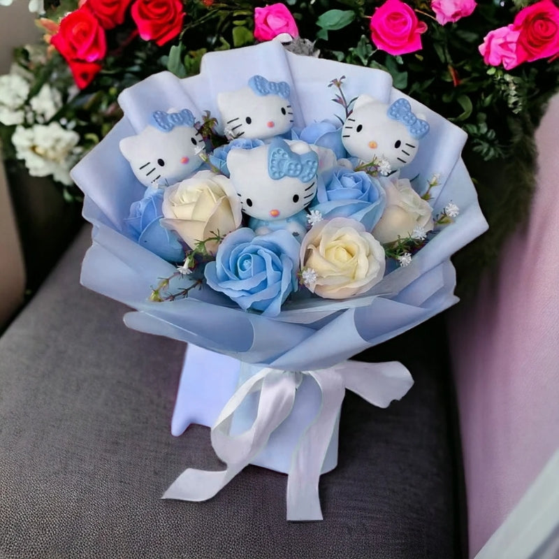 Kleurvolle Synthetische Bloemenboeket met Hello Kitty Figurines voor Cadeaus en Decoratie