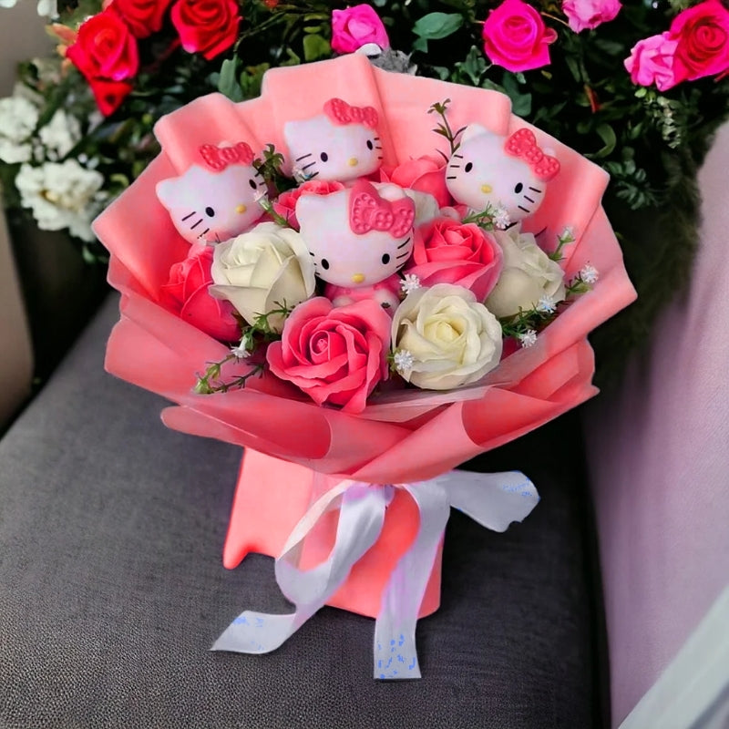 Kleurvolle Synthetische Bloemenboeket met Hello Kitty Figurines voor Cadeaus en Decoratie