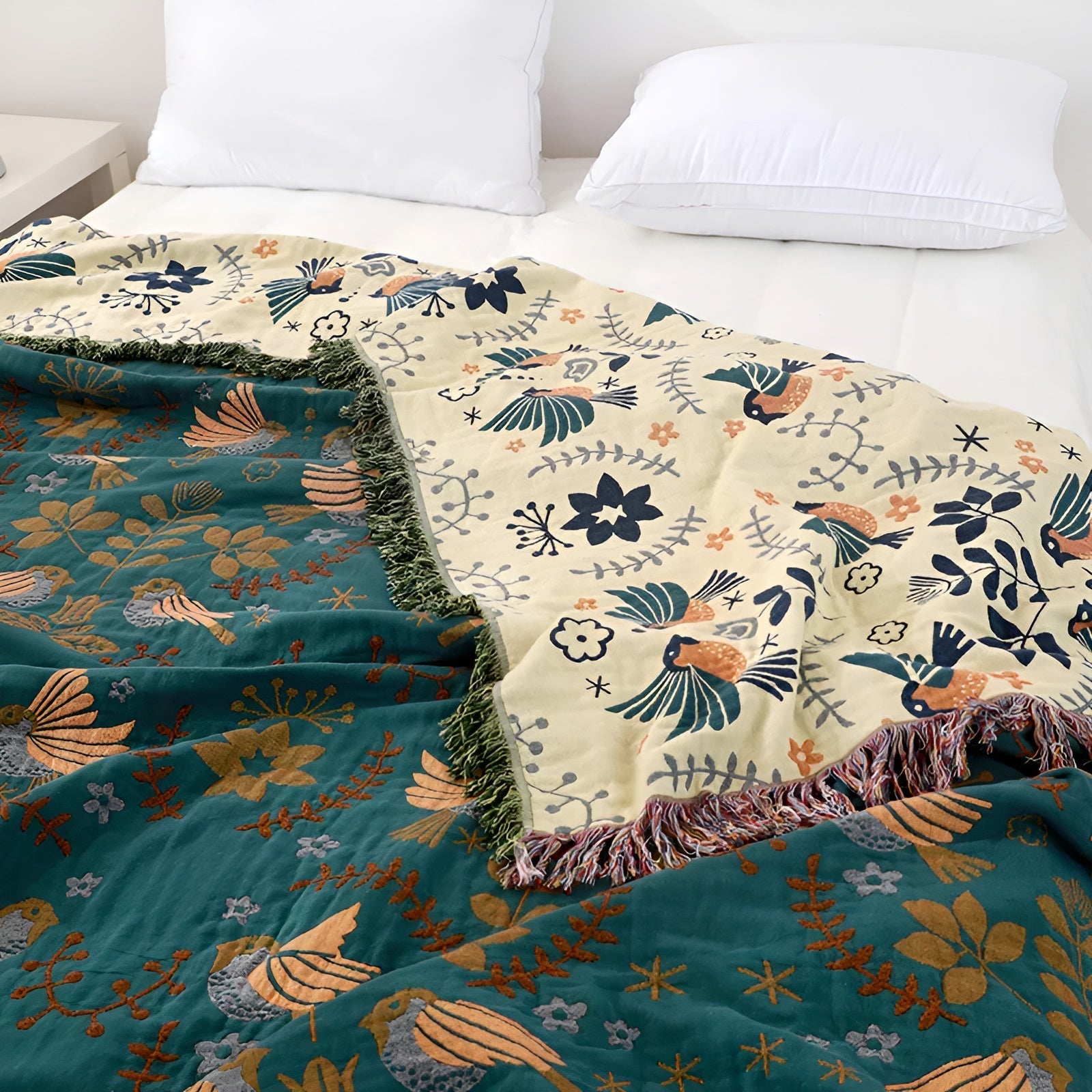 Boho Deken - Omkeerbare geborduurde katoenen deken met vogels en bloemen