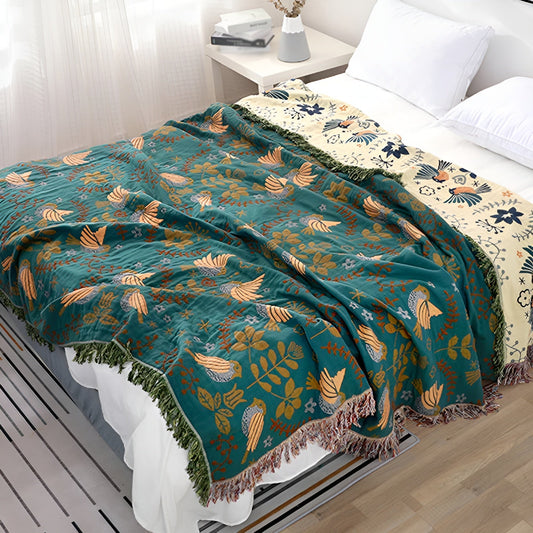 Boho Deken - Omkeerbare geborduurde katoenen deken met vogels en bloemen