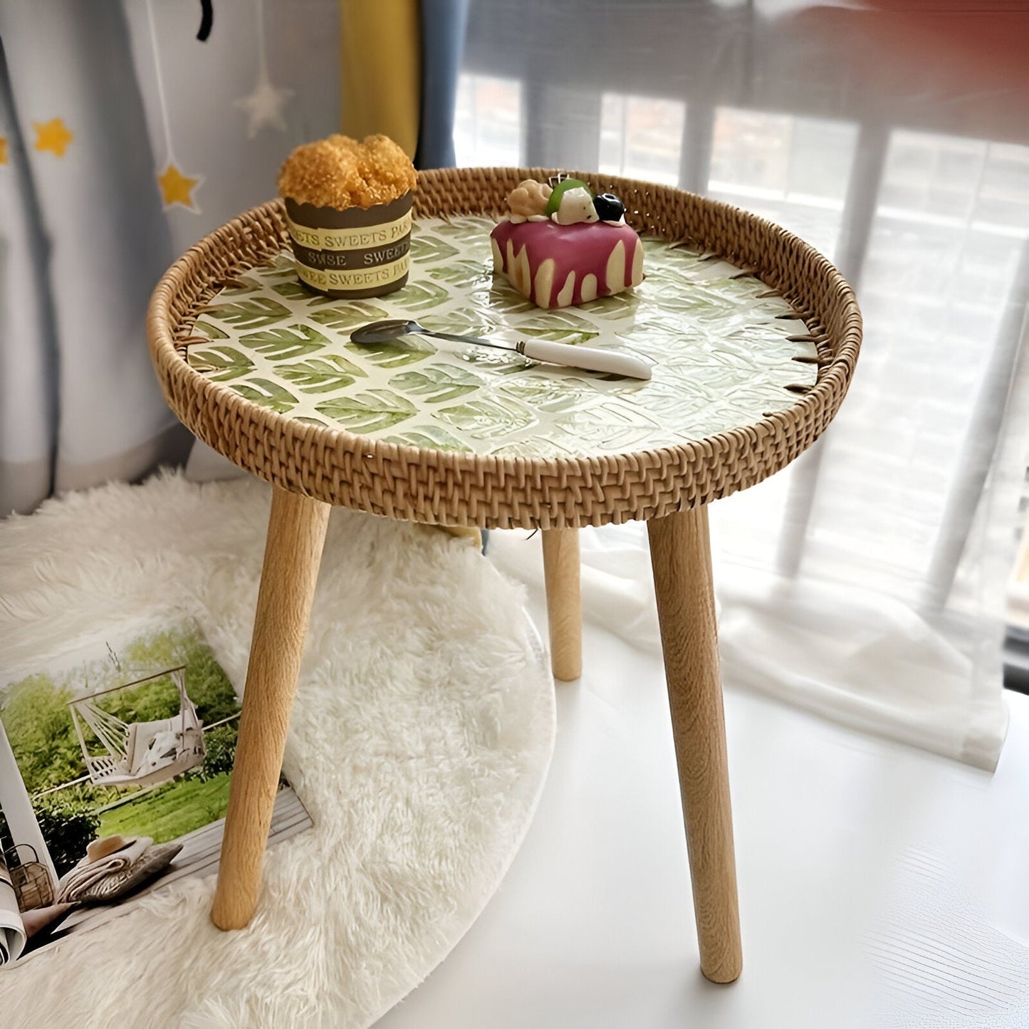 Scandi Salontafel - Handgemaakte Rieten Salontafel rond - Salontafel Hout