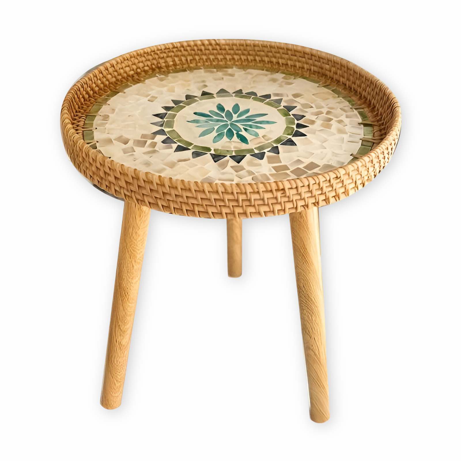 Scandi Salontafel - Handgemaakte Rieten Salontafel rond - Salontafel Hout