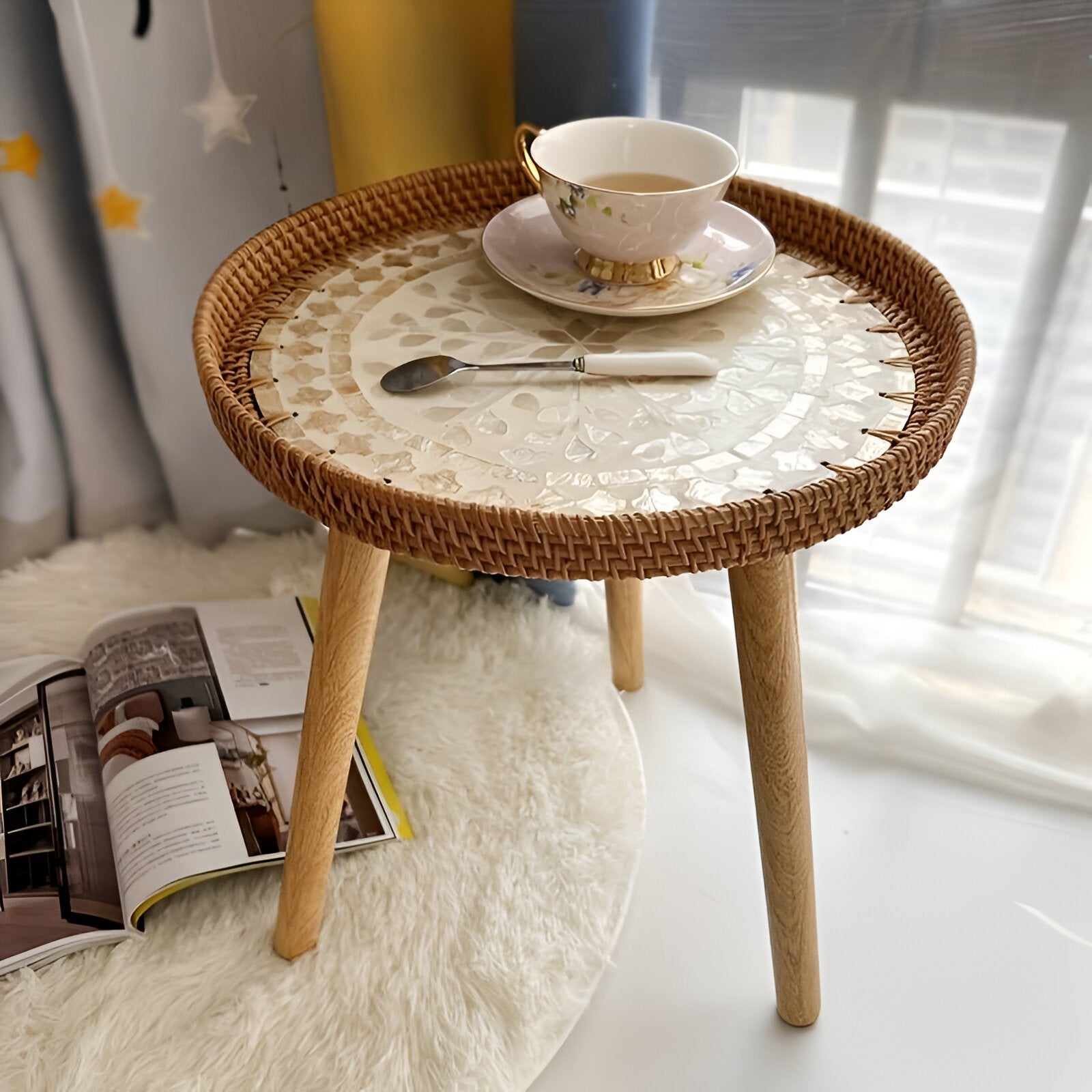 Scandi Salontafel - Handgemaakte Rieten Salontafel rond - Salontafel Hout