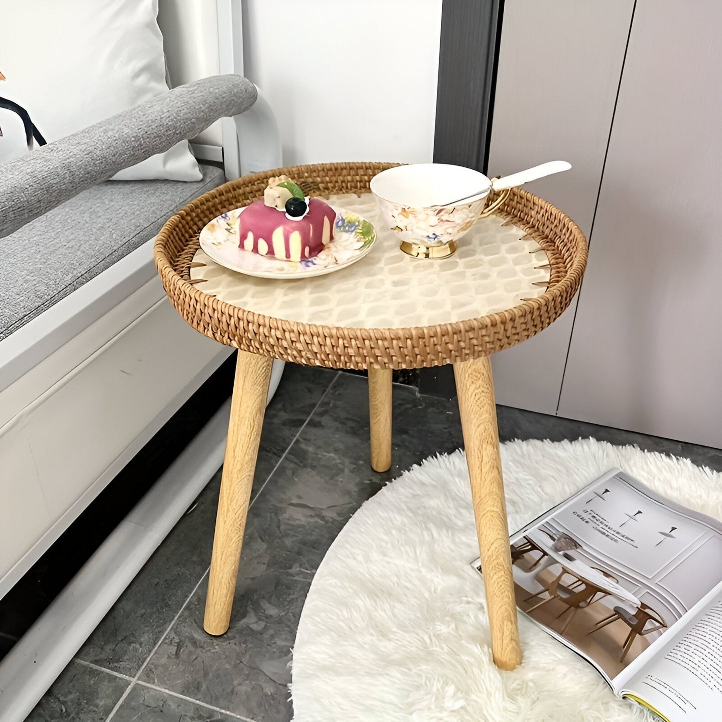 Scandi Salontafel - Handgemaakte Rieten Salontafel rond - Salontafel Hout
